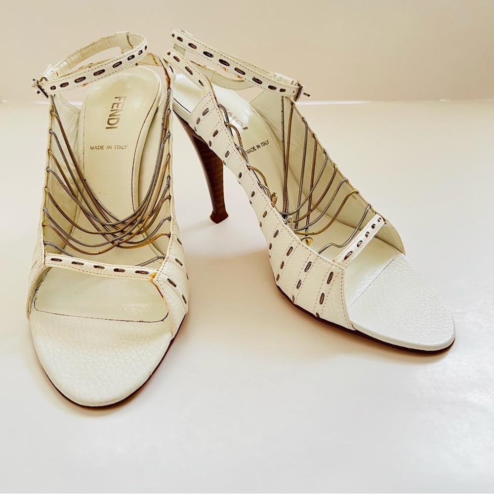 FENDI Vintage White Leather, Gold & Silver Metal Cage Strap High Heel Sandals